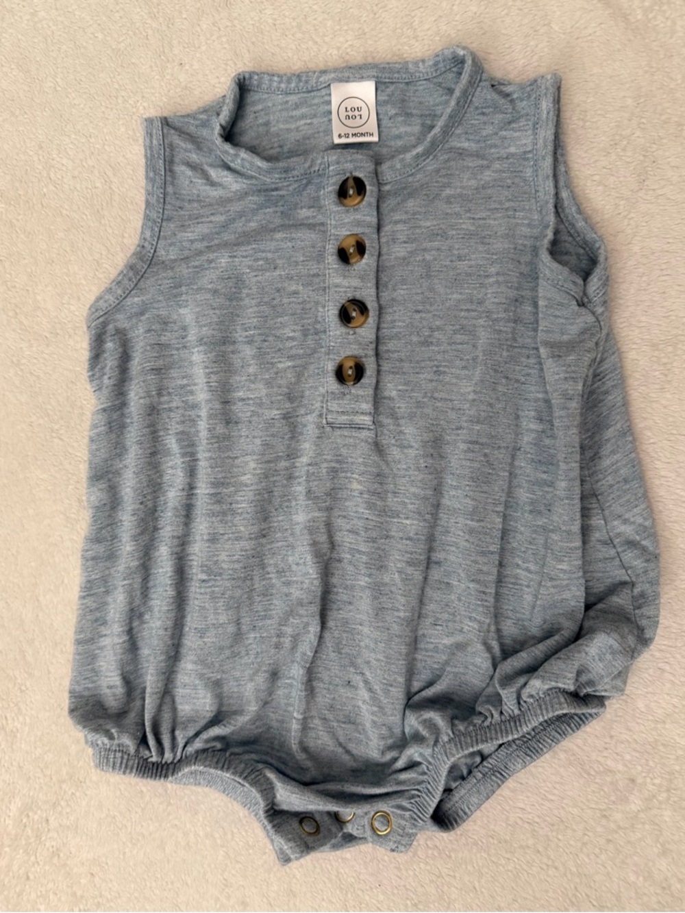 Lou Lou Heathered Blue Baby Romper with Button Placket 6-12 months